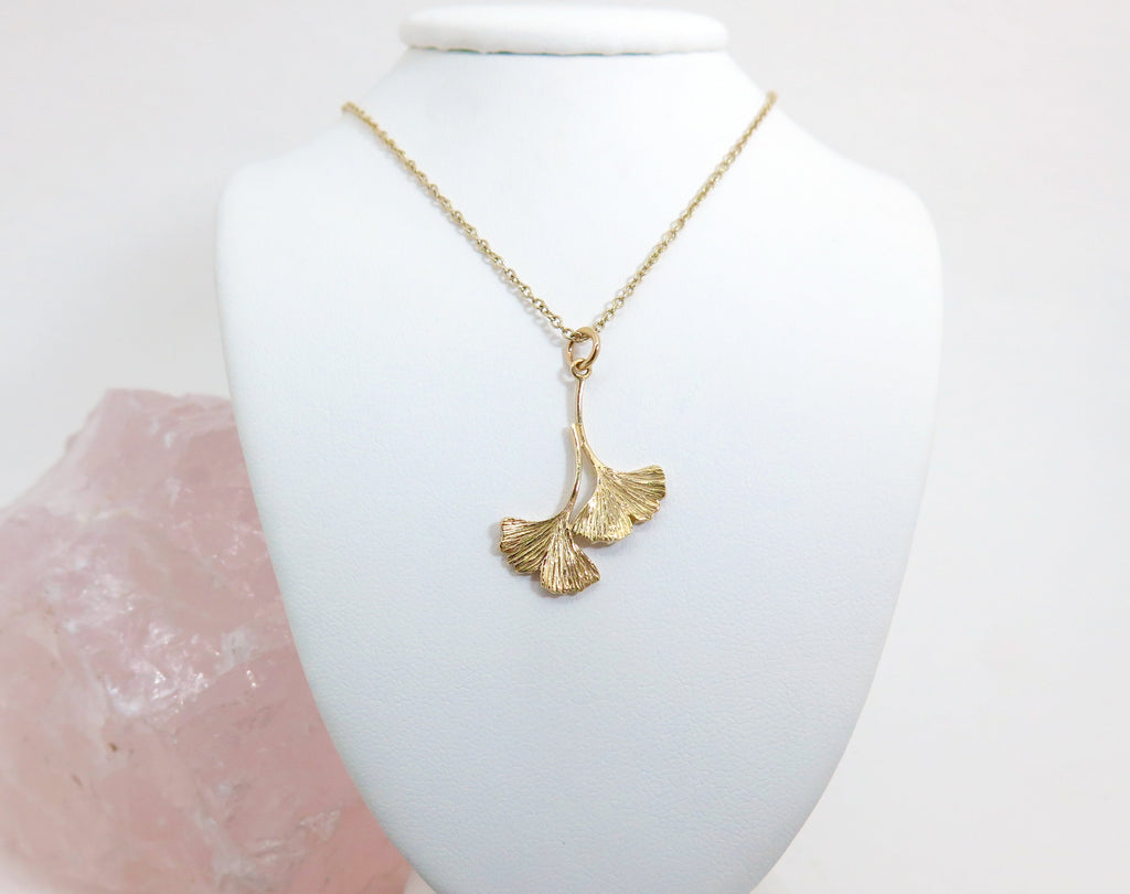 Double Ginkgo Pendant (Solid Gold or Sterling Silver)