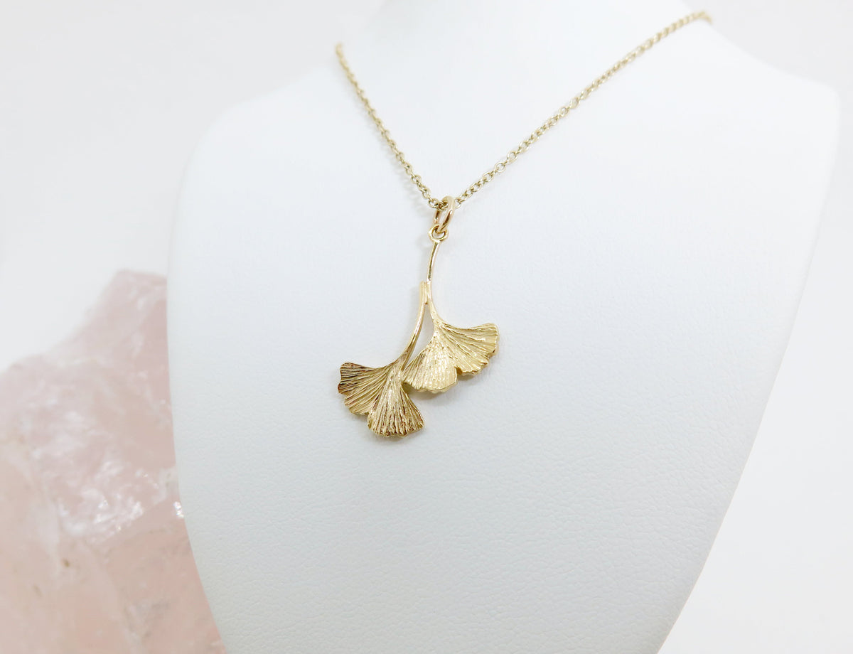 Double Ginkgo Pendant (Solid Gold or Sterling Silver)