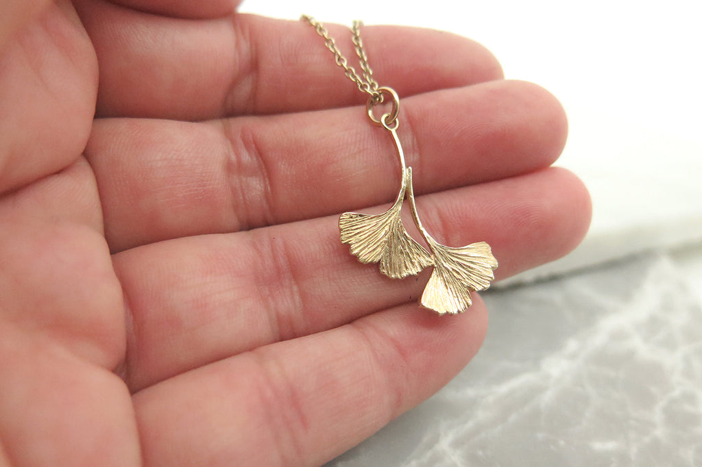 Double Ginkgo Pendant (Solid Gold or Sterling Silver)