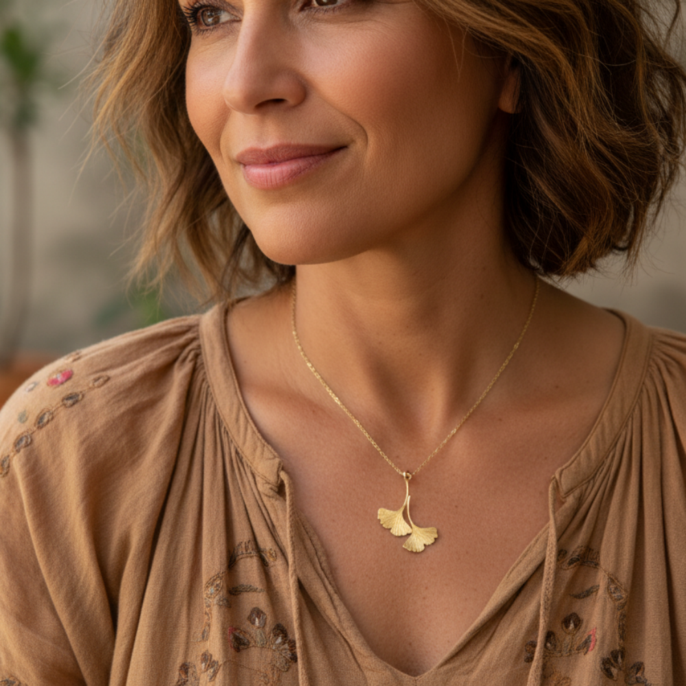Double Ginkgo Pendant (Solid Gold or Sterling Silver)