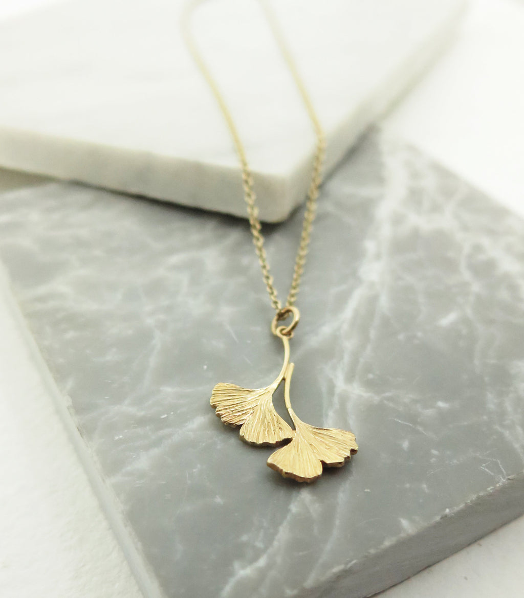 Double Ginkgo Pendant (Solid Gold or Sterling Silver)